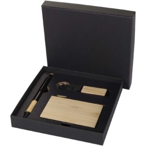 Minka zestaw upominkowy zawierający długopis wykonany z aluminium z recyklingu z certyfikatem RCS, łańcuch do kluczy oraz ramka na kartę RFID