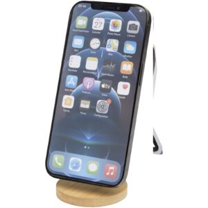 Alcor składana podstawka na telefon z mocowaniem magnetycznym, wykonana z tworzyw sztucznych pochodzących z recyklingu z elementami bambusowymi