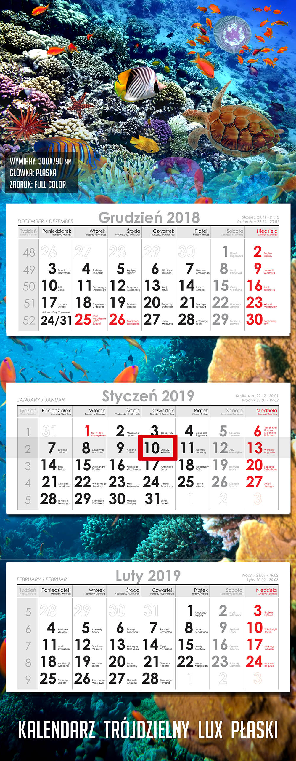 Kalendarz trójdzielny Lux Płaski 