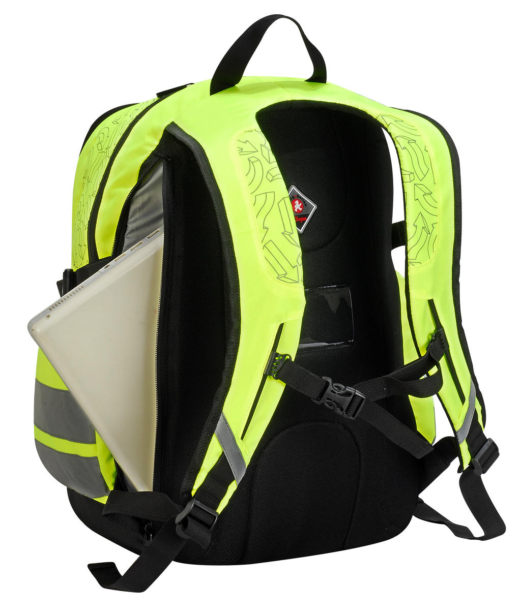 Plecak odblaskowy Hi-Vis London  <ul> </li><li>100% poliester (600D/1280D) </li><li>Regulowane wyściełane szelki i uchwyt do przenoszenia </li><li>Tył wyściełany chłonną siatką </li><li>2 regulowane paski boczne i pas piersiowy </li><li>2 komory główne zapinane na zamek </li><li>Tylna wyściełana komora odpowiednia do laptopa 15,6 </li><li>Głęboka komora z przodu </li><li>Dwie boczne kieszenie </li><li>Odblaskowe paski z trzech stron </li><li>Przezroczysta kieszeń na identyfikator na plecach </li><li>Pojemność: 30 litrów </li><li>Wymiary: 30 x 48 x 20 cm </li><li>Nadaje się do sitodruku, druku transferowego oraz haftu</li></ul>