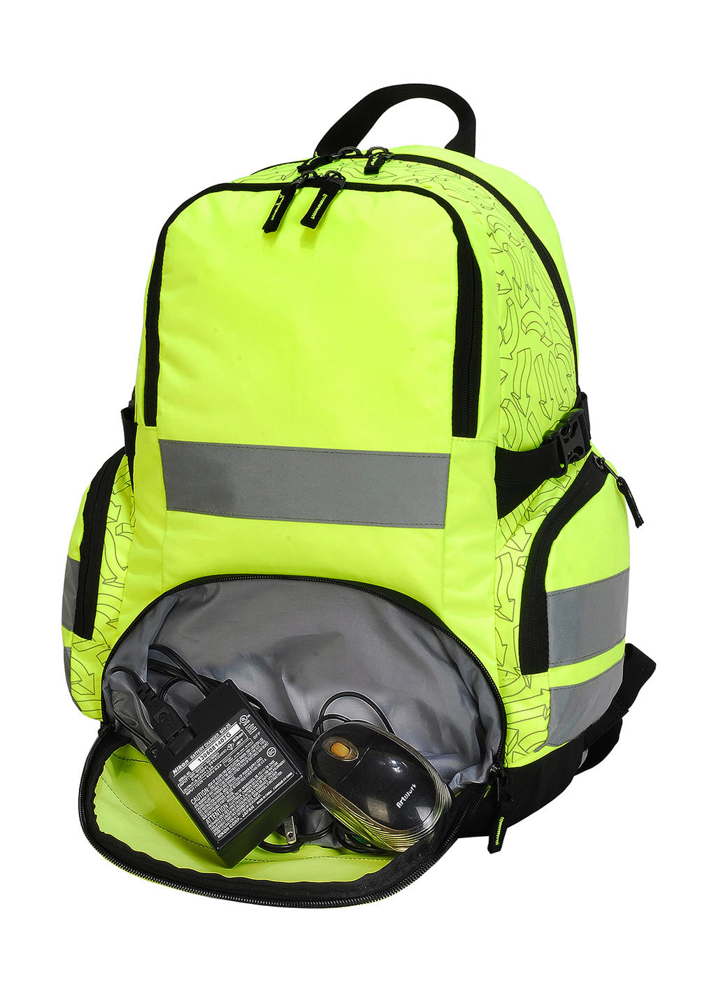 Plecak odblaskowy Hi-Vis London  <ul> </li><li>100% poliester (600D/1280D) </li><li>Regulowane wyściełane szelki i uchwyt do przenoszenia </li><li>Tył wyściełany chłonną siatką </li><li>2 regulowane paski boczne i pas piersiowy </li><li>2 komory główne zapinane na zamek </li><li>Tylna wyściełana komora odpowiednia do laptopa 15,6 </li><li>Głęboka komora z przodu </li><li>Dwie boczne kieszenie </li><li>Odblaskowe paski z trzech stron </li><li>Przezroczysta kieszeń na identyfikator na plecach </li><li>Pojemność: 30 litrów </li><li>Wymiary: 30 x 48 x 20 cm </li><li>Nadaje się do sitodruku, druku transferowego oraz haftu</li></ul>