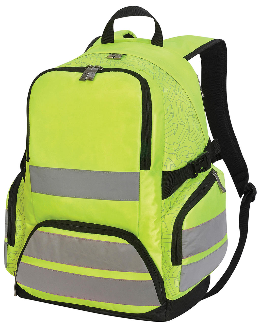 Plecak odblaskowy Hi-Vis London  <ul> </li><li>100% poliester (600D/1280D) </li><li>Regulowane wyściełane szelki i uchwyt do przenoszenia </li><li>Tył wyściełany chłonną siatką </li><li>2 regulowane paski boczne i pas piersiowy </li><li>2 komory główne zapinane na zamek </li><li>Tylna wyściełana komora odpowiednia do laptopa 15,6 </li><li>Głęboka komora z przodu </li><li>Dwie boczne kieszenie </li><li>Odblaskowe paski z trzech stron </li><li>Przezroczysta kieszeń na identyfikator na plecach </li><li>Pojemność: 30 litrów </li><li>Wymiary: 30 x 48 x 20 cm </li><li>Nadaje się do sitodruku, druku transferowego oraz haftu</li></ul>