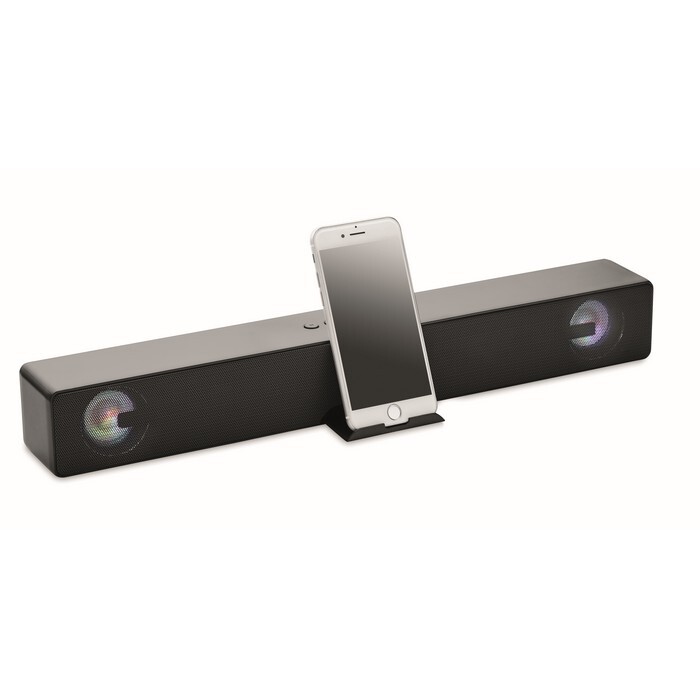 Bezprzew. głośnik soundbar 5.0 Bezprzewodowy głośnik soundbar 5.0 z tworzywa ABS z funkcją zmiany nastroju i podstawką pod telefon. W zestawie akumulator Li-ION o pojemności 2000 mAh. Dane wyjściowe:5W. Czas odtwarzania ok. 4 godz.