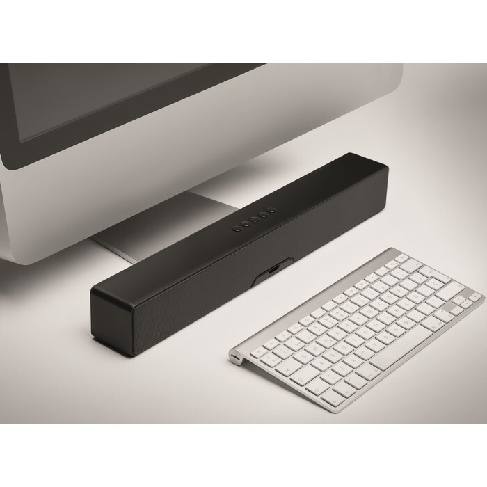 Bezprzew. głośnik soundbar 5.0 Bezprzewodowy głośnik soundbar 5.0 z tworzywa ABS z funkcją zmiany nastroju i podstawką pod telefon. W zestawie akumulator Li-ION o pojemności 2000 mAh. Dane wyjściowe:5W. Czas odtwarzania ok. 4 godz.