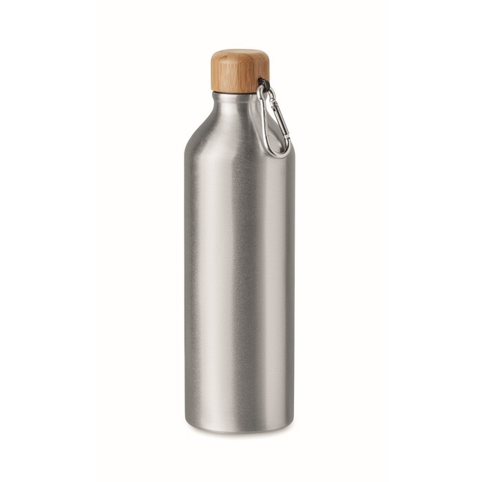 Butelka aluminiowa 800 ml Jednościenna butelka aluminiowa z bambusową pokrywką i karabińczykiem (nie do profesjonalnego użycia). Pojemność: 800 ml Bambus jest produktem naturalnym, dlatego mogą wystąpić nieznaczne różnice w kolorze, wzorze i rozmiarze.