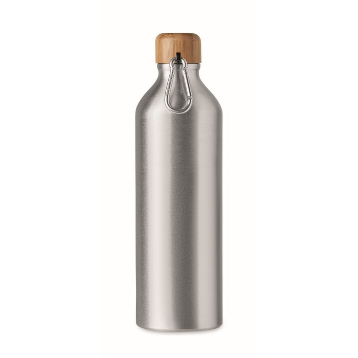 Butelka aluminiowa 800 ml Jednościenna butelka aluminiowa z bambusową pokrywką i karabińczykiem (nie do profesjonalnego użycia). Pojemność: 800 ml Bambus jest produktem naturalnym, dlatego mogą wystąpić nieznaczne różnice w kolorze, wzorze i rozmiarze.