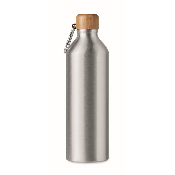 Butelka aluminiowa 800 ml Jednościenna butelka aluminiowa z bambusową pokrywką i karabińczykiem (nie do profesjonalnego użycia). Pojemność: 800 ml Bambus jest produktem naturalnym, dlatego mogą wystąpić nieznaczne różnice w kolorze, wzorze i rozmiarze.