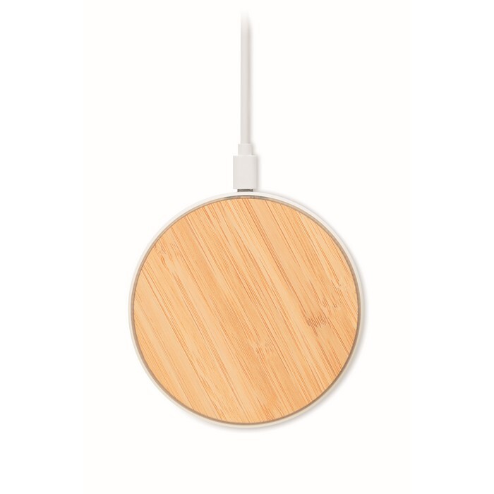 Ładowarka bezprzewodowa 10W Wireless charger 15W in bamboo top and ABS base. Connect device to your computer, place smartphone on it and let it charge. Output: DC 9V/1.10A (15W) for quick charging. Compatible with latest Androids, iPhone® 8, X and newer.