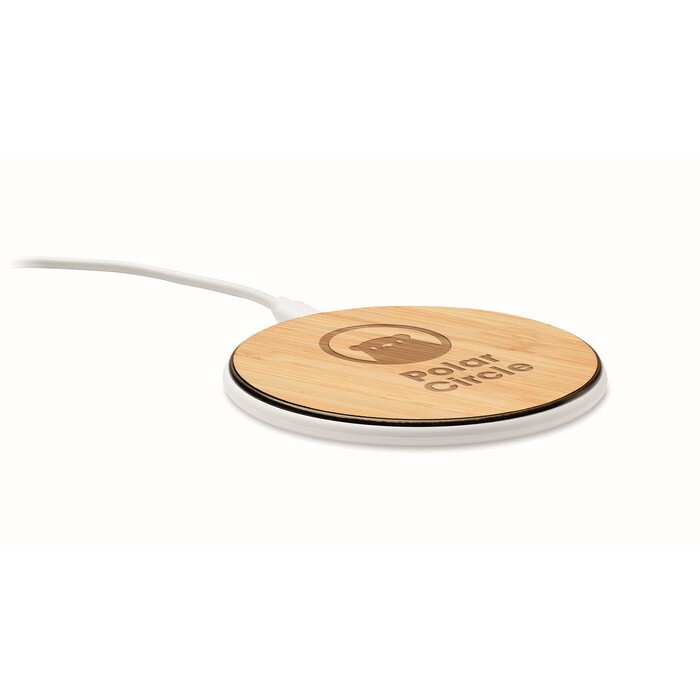 Ładowarka bezprzewodowa 10W Wireless charger 15W in bamboo top and ABS base. Connect device to your computer, place smartphone on it and let it charge. Output: DC 9V/1.10A (15W) for quick charging. Compatible with latest Androids, iPhone® 8, X and newer.