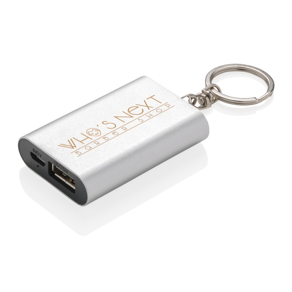 Power bank 1000 mAh, brelok do kluczy Kompaktowy power bank 1000 mAh, brelok do kluczy, lekka aluminiowa obudowa, wbudowany akumulator litowy pozwala na naładowanie telefonu do 50%, wyjście USB 5V/1A, wejście 5V/1A, kabel micro USB w komplecie