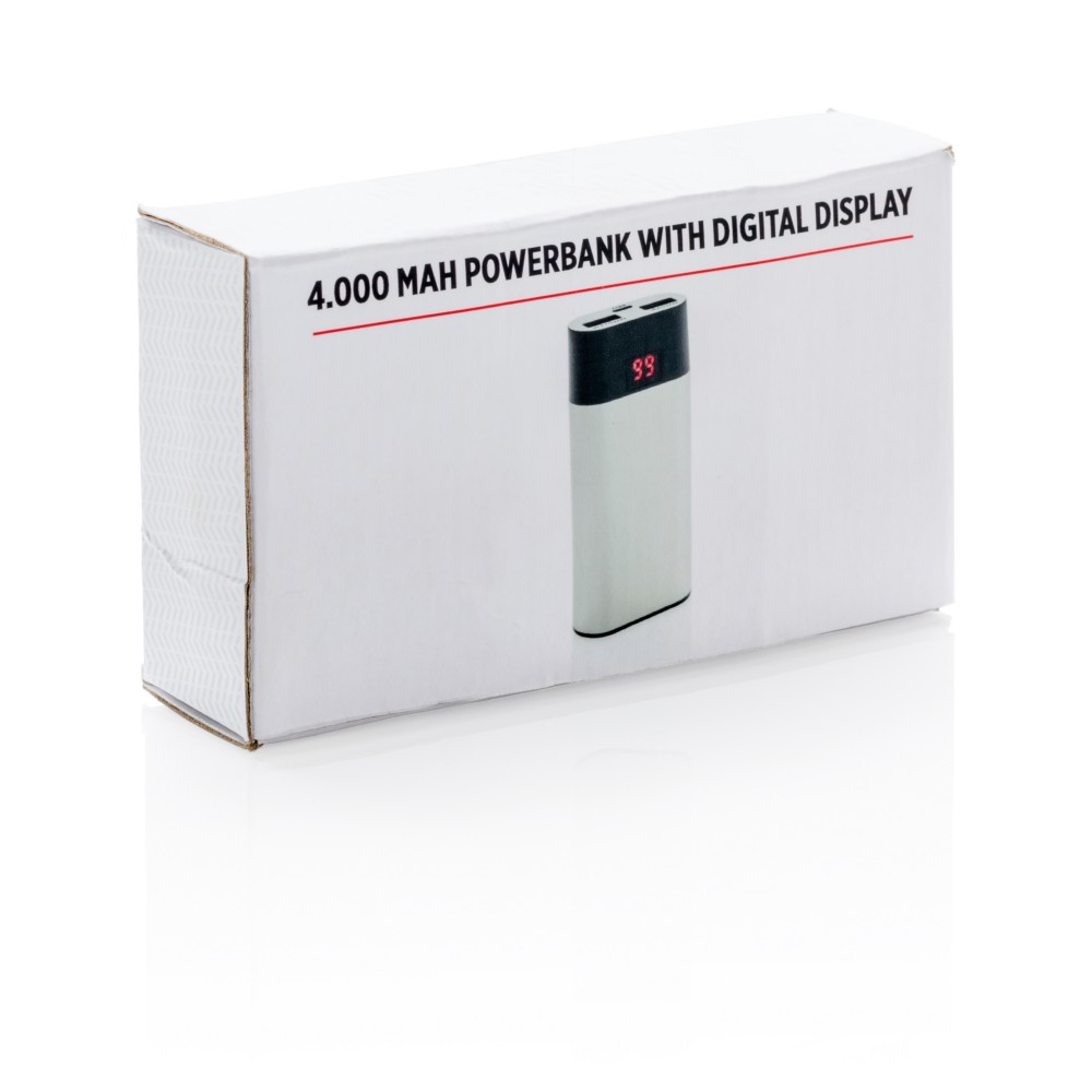 Power bank 4000 mAh z cyfrowym wyświetlaczem Power bank 4000 mAh, wyświetlacz cyfrowy LED wskazujący poziom naładowania, 2 wyjścia USB do ładowania 2 urządzeń jednocześnie, wykonany z wytrzymałego aluminium, wbudowany akumulator litowy, wyjście 2.1A pozwala ładować szybciej niż większość zwykłych ładowarek, wyjście 5V/2A, wejście 5V/1A, kabel micro USB w komplecie