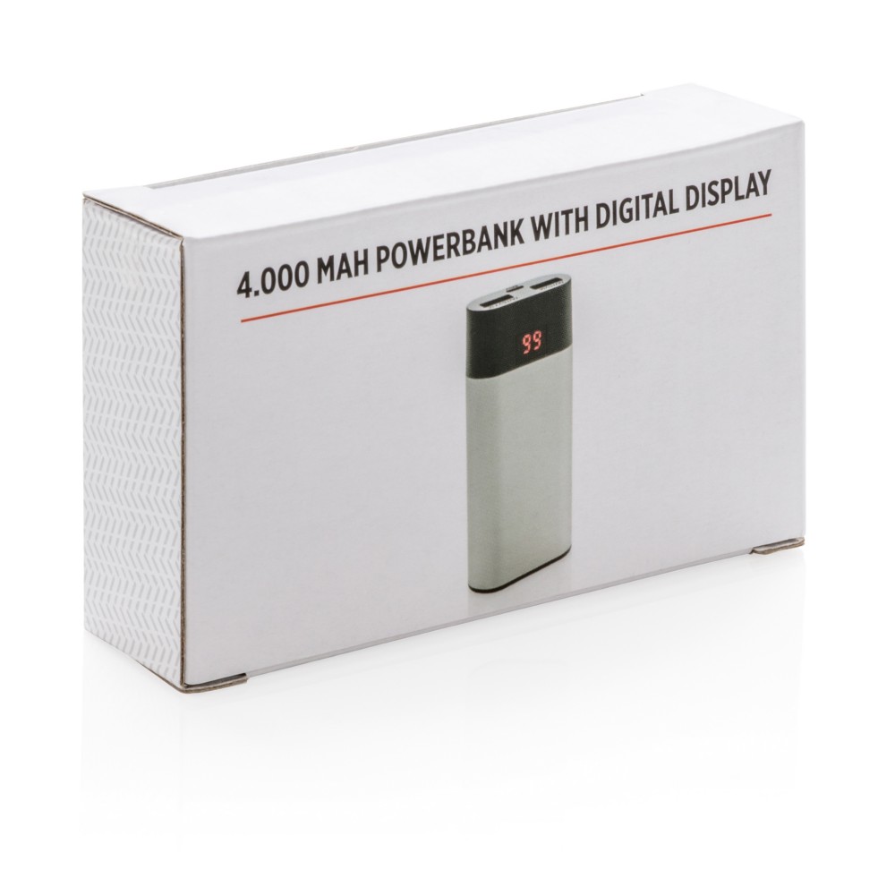 Power bank 4000 mAh z cyfrowym wyświetlaczem Power bank 4000 mAh, wyświetlacz cyfrowy LED wskazujący poziom naładowania, 2 wyjścia USB do ładowania 2 urządzeń jednocześnie, wykonany z wytrzymałego aluminium, wbudowany akumulator litowy, wyjście 2.1A pozwala ładować szybciej niż większość zwykłych ładowarek, wyjście 5V/2A, wejście 5V/1A, kabel micro USB w komplecie