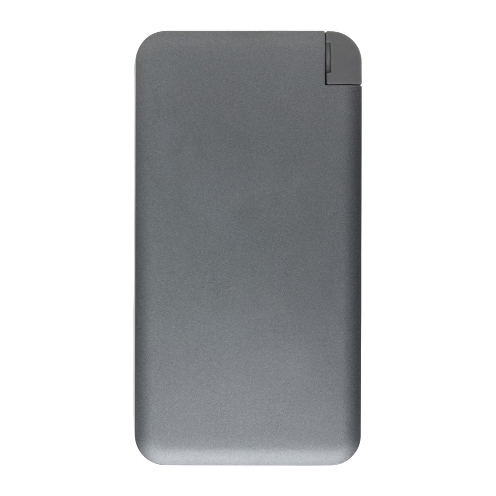 Power bank 10000 mAh, licencja MFi Power bank 10000 mAh z licencją MFi (Made for iPhone, iPad, iPod), wykonany z aluminium, 2 wyjścia USB do ładowania 2 urządzeń jednocześnie, w komplecie 3 kable (micro USB, USB typu C oraz kabel z licencją MFi), urządzenie posiada zintegrowane miejsce na kabel, wejście szybkiego ładowania 5V/2A, wyjście DC 5V/3.1A