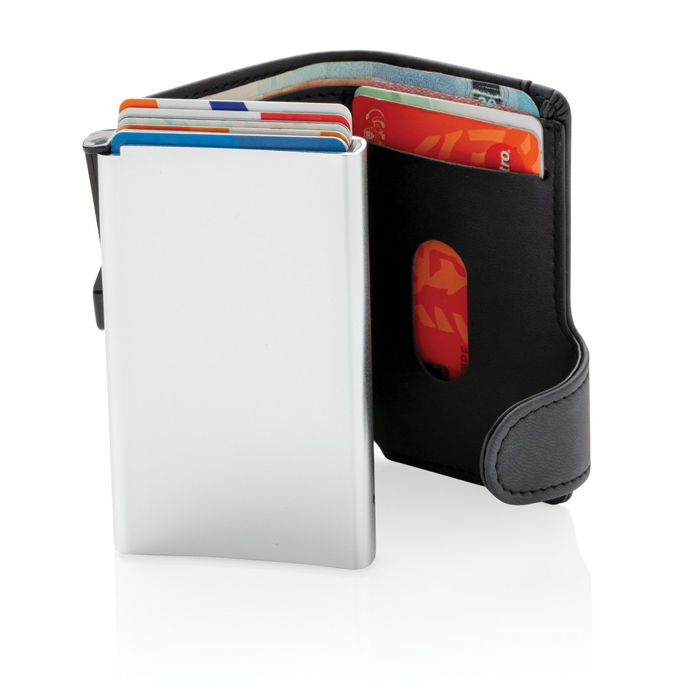 Etui na karty kredytowe, portfel, ochrona RFID Etui na karty kredytowe, portfel z ochroną RFID, etui wykonane z wytrzymałego aluminium, portfel z PU, mieści do 10 kart lub do 6 z tłoczeniem, posiada suwak boczny do wysuwania kart