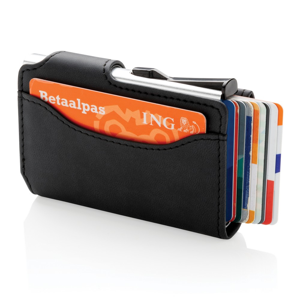 Etui na karty kredytowe, portfel, ochrona RFID Etui na karty kredytowe, portfel z ochroną RFID, etui wykonane z wytrzymałego aluminium, portfel z PU, mieści do 10 kart lub do 6 z tłoczeniem, posiada suwak boczny do wysuwania kart