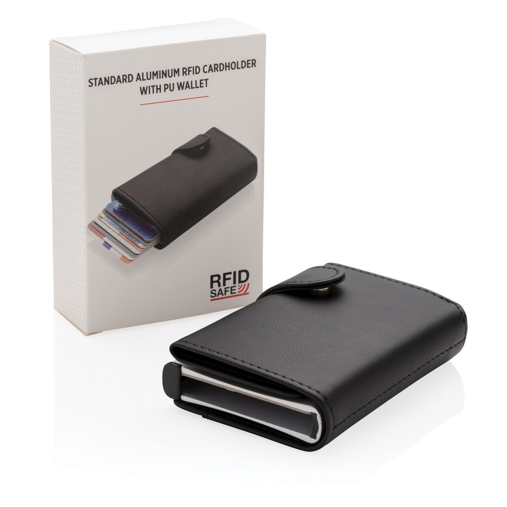 Etui na karty kredytowe, portfel, ochrona RFID Etui na karty kredytowe, portfel z ochroną RFID, etui wykonane z wytrzymałego aluminium, portfel z PU, mieści do 10 kart lub do 6 z tłoczeniem, posiada suwak boczny do wysuwania kart