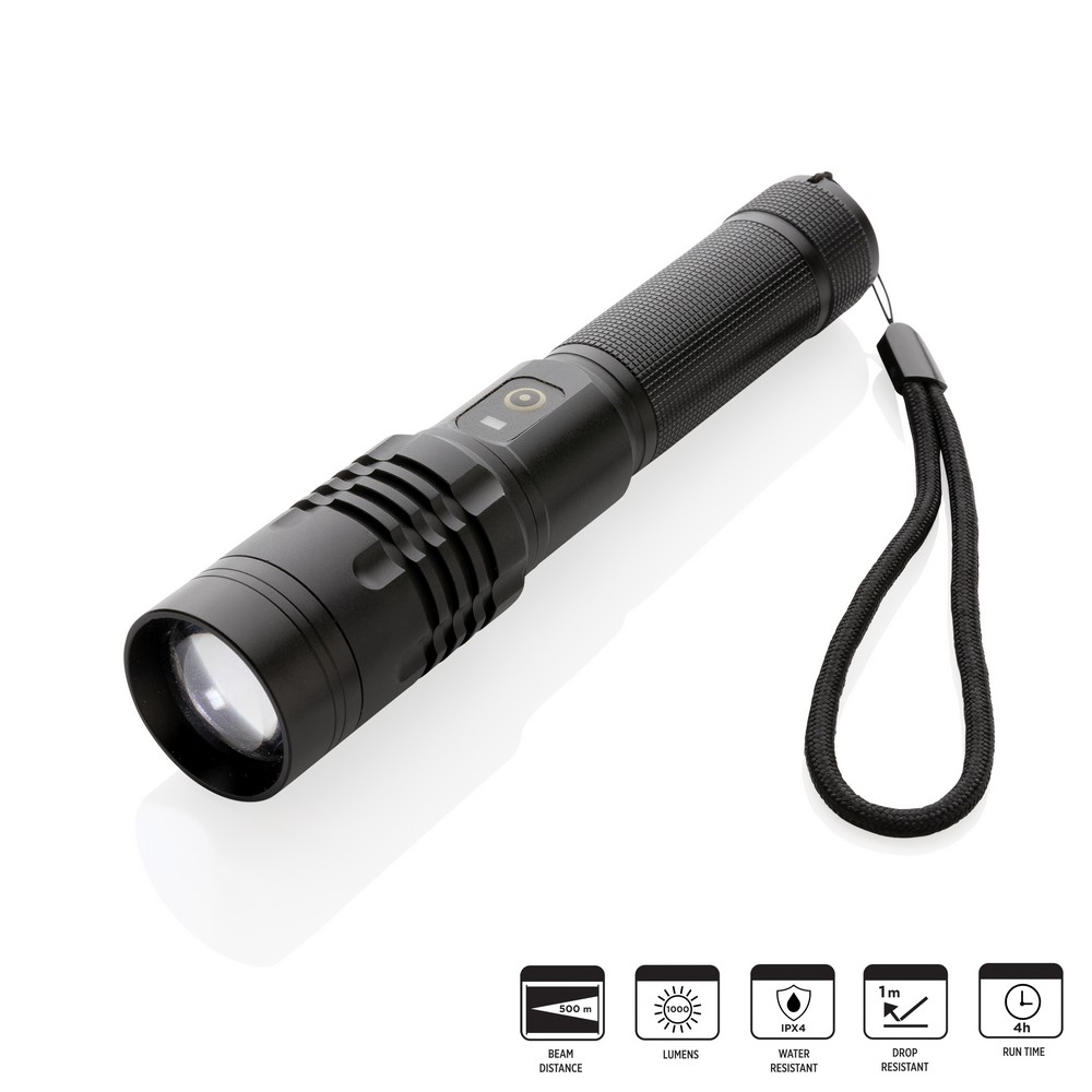 Latarka Gear X, ładowana przez USB Latarka o bardzo jasnym świetle, wodoodporna IPX4, wiązka 1000 lumenów sięgająca do 500 m, wysokiej jakości żarówka z 5 trybami świecenia, w tym SOS, wbudowany akumulator 2000 mAh pozwala na około 4 godziny ciągłego świecenia, ładowana za pomocą USB