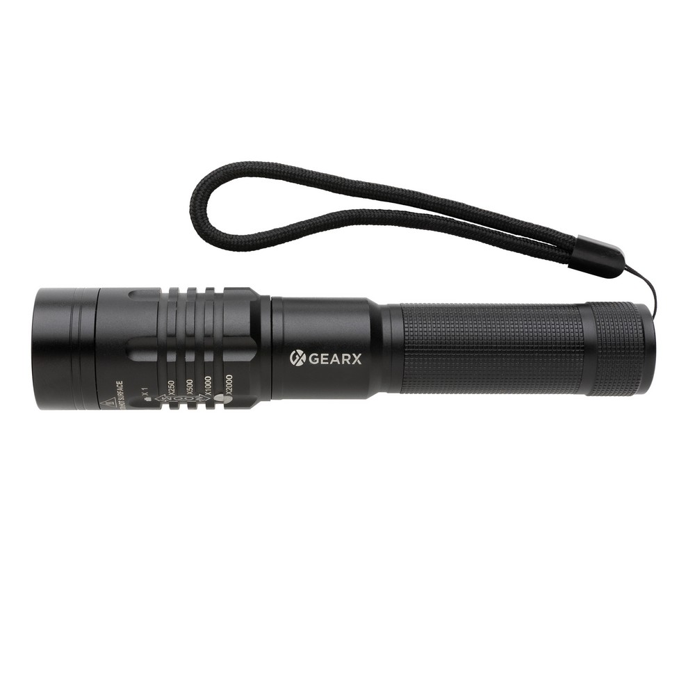 Latarka Gear X, ładowana przez USB Latarka o bardzo jasnym świetle, wodoodporna IPX4, wiązka 1000 lumenów sięgająca do 500 m, wysokiej jakości żarówka z 5 trybami świecenia, w tym SOS, wbudowany akumulator 2000 mAh pozwala na około 4 godziny ciągłego świecenia, ładowana za pomocą USB