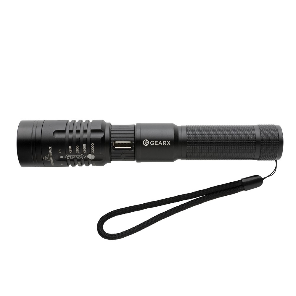 Latarka Gear X, ładowana przez USB Latarka o bardzo jasnym świetle, wodoodporna IPX4, wiązka 1000 lumenów sięgająca do 500 m, wysokiej jakości żarówka z 5 trybami świecenia, w tym SOS, wbudowany akumulator 2000 mAh pozwala na około 4 godziny ciągłego świecenia, ładowana za pomocą USB