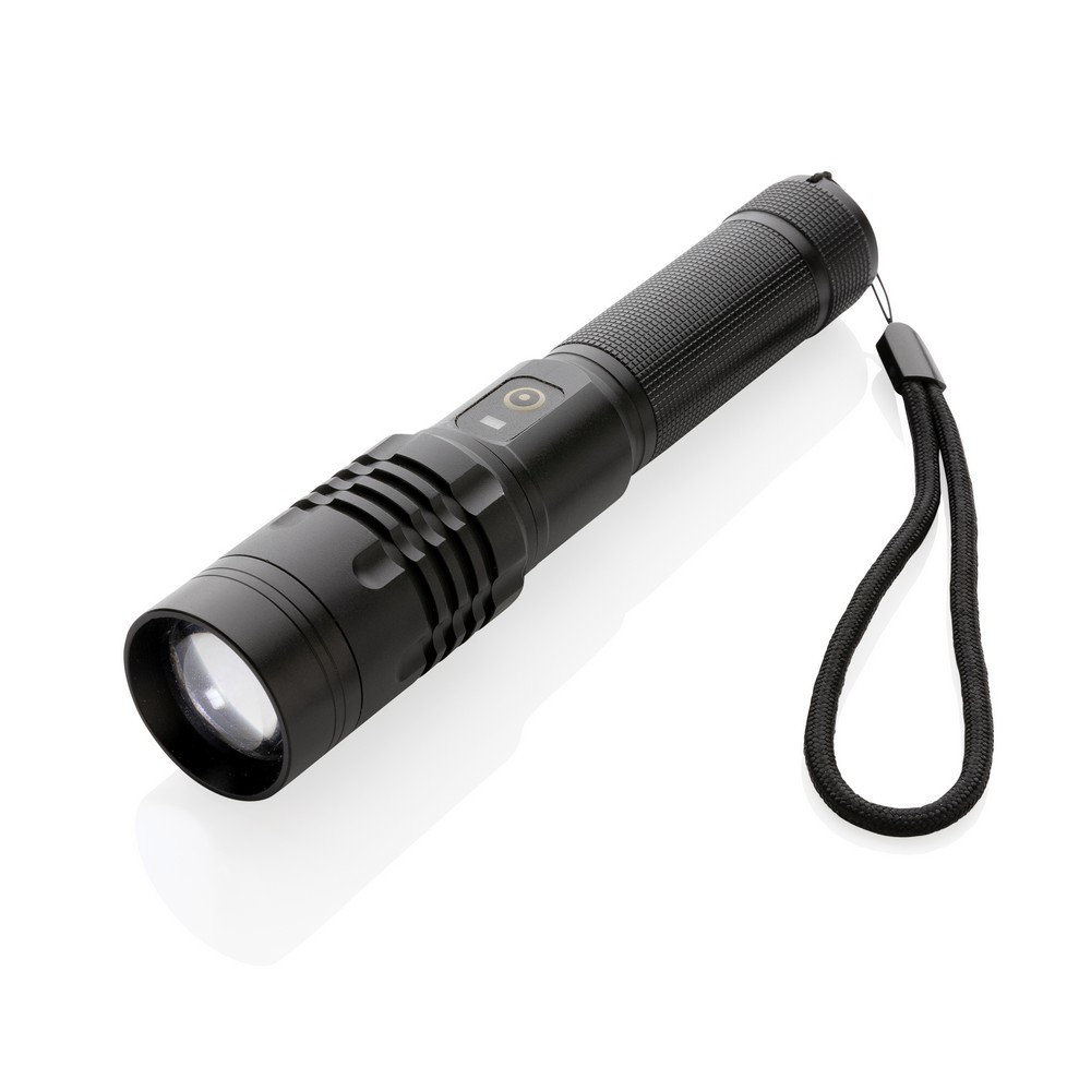 Latarka Gear X, ładowana przez USB Latarka o bardzo jasnym świetle, wodoodporna IPX4, wiązka 1000 lumenów sięgająca do 500 m, wysokiej jakości żarówka z 5 trybami świecenia, w tym SOS, wbudowany akumulator 2000 mAh pozwala na około 4 godziny ciągłego świecenia, ładowana za pomocą USB