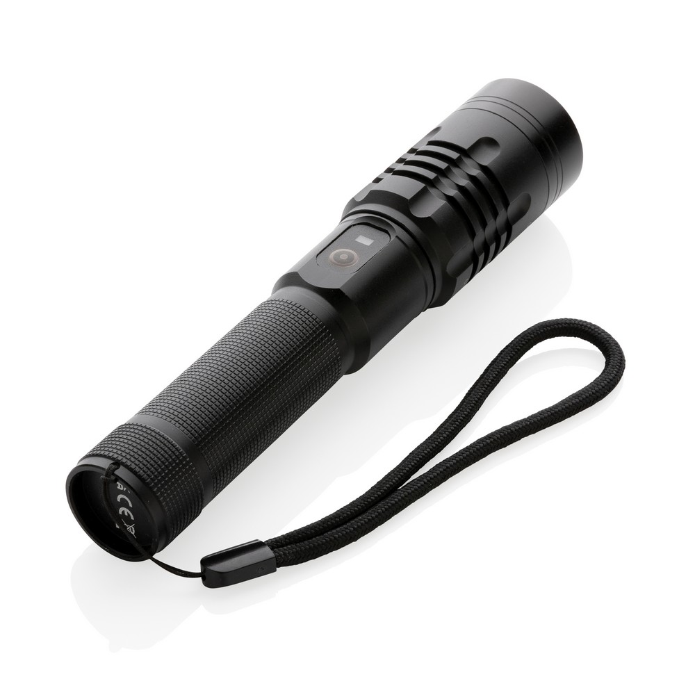 Latarka Gear X, ładowana przez USB Latarka o bardzo jasnym świetle, wodoodporna IPX4, wiązka 1000 lumenów sięgająca do 500 m, wysokiej jakości żarówka z 5 trybami świecenia, w tym SOS, wbudowany akumulator 2000 mAh pozwala na około 4 godziny ciągłego świecenia, ładowana za pomocą USB
