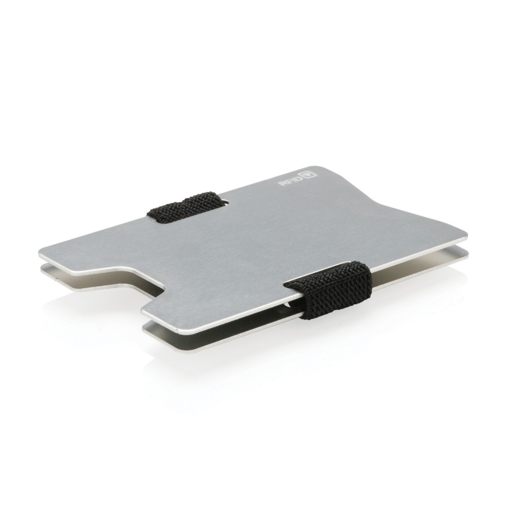 Minimalistyczny portfel, ochrona RFID Minimalistyczny portfel z ochroną RFID, wykonany z aluminium, pomieści do 8 kart kredytowych, blokuje wszystkie znane dotąd częstotliwości RFID/NFC