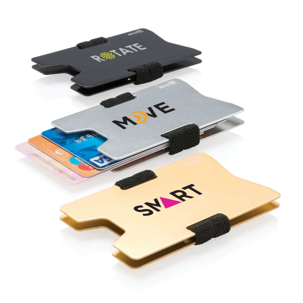 Minimalistyczny portfel, ochrona RFID Minimalistyczny portfel z ochroną RFID, wykonany z aluminium, pomieści do 8 kart kredytowych, blokuje wszystkie znane dotąd częstotliwości RFID/NFC