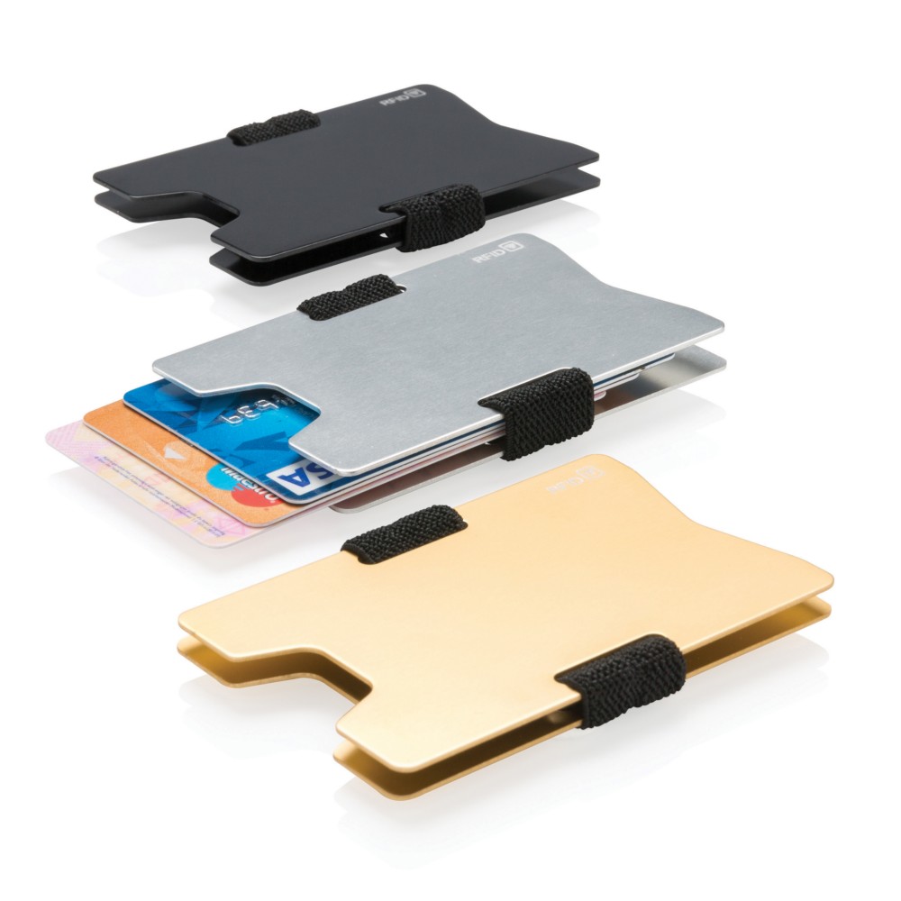 Minimalistyczny portfel, ochrona RFID Minimalistyczny portfel z ochroną RFID, wykonany z aluminium, pomieści do 8 kart kredytowych, blokuje wszystkie znane dotąd częstotliwości RFID/NFC