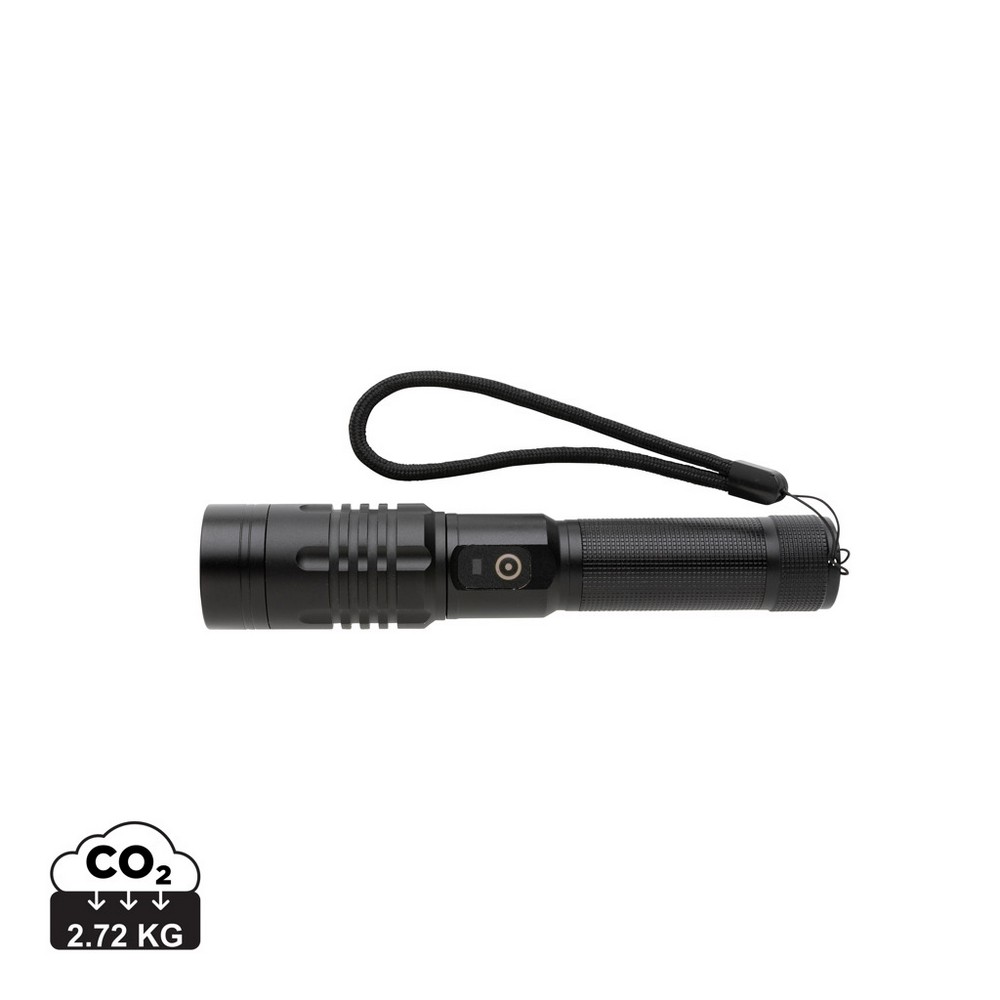 Latarka Gear X, ładowana przez USB Latarka o bardzo jasnym świetle, wodoodporna IPX4, wiązka 1000 lumenów sięgająca do 500 m, wysokiej jakości żarówka z 5 trybami świecenia, w tym SOS, wbudowany akumulator 2000 mAh pozwala na około 4 godziny ciągłego świecenia, ładowana za pomocą USB