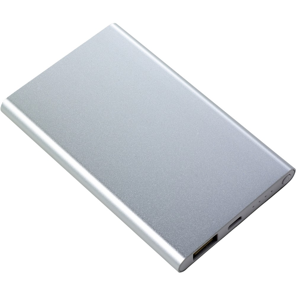 Power bank 4000 mAh Power bank 4000 mAh z przyciskiem on/off, diody wskazujące poziom naładowania, wejście 5V/1A, wyjście 5V/1A, kabel USB w komplecie