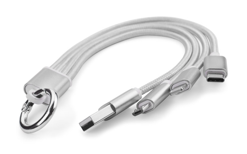 Kabel USB 3 w 1 TAUS Kabel USB 3 w 1 TAUS do ładowania różnych urządzeń posiada trzy końcówki: micro USB, Lightning (iPhone) i USB typu C. Kabel jest powleczony tkaniną, a końcówki USB są wykonane z metalu. Praktyczny gadżet dla każdego użytkownika mobilnych urządzeń.