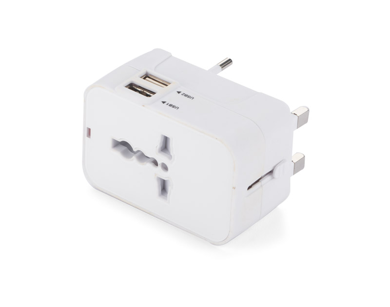 Adapter podróżny WELT Adapter podróżny WELT to gadżet niezbędny w podróży. Jest on jednoczęściowy i posiada dwa porty USB, co jest jego wyróżnikiem. Umożliwia korzystanie z gniazdek elektrycznych w standardzie europejskim, amerykańskim, brytyjskim i australijskim. 