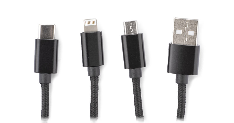 Kabel USB 3 w 1 TAUS Kabel USB 3 w 1 TAUS do ładowania różnych urządzeń posiada trzy końcówki: micro USB, Lightning (iPhone) i USB typu C. Kabel jest powleczony tkaniną, a końcówki USB są wykonane z metalu. Praktyczny gadżet dla każdego użytkownika mobilnych urządzeń.