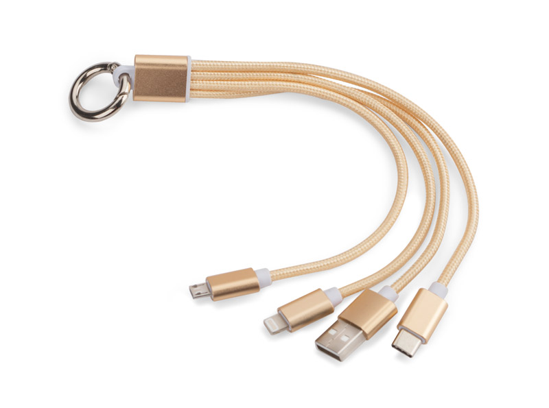 Kabel USB 3 w 1 TAUS Kabel USB 3 w 1 TAUS do ładowania różnych urządzeń posiada trzy końcówki: micro USB, Lightning (iPhone) i USB typu C. Kabel jest powleczony tkaniną, a końcówki USB są wykonane z metalu. Praktyczny gadżet dla każdego użytkownika mobilnych urządzeń.