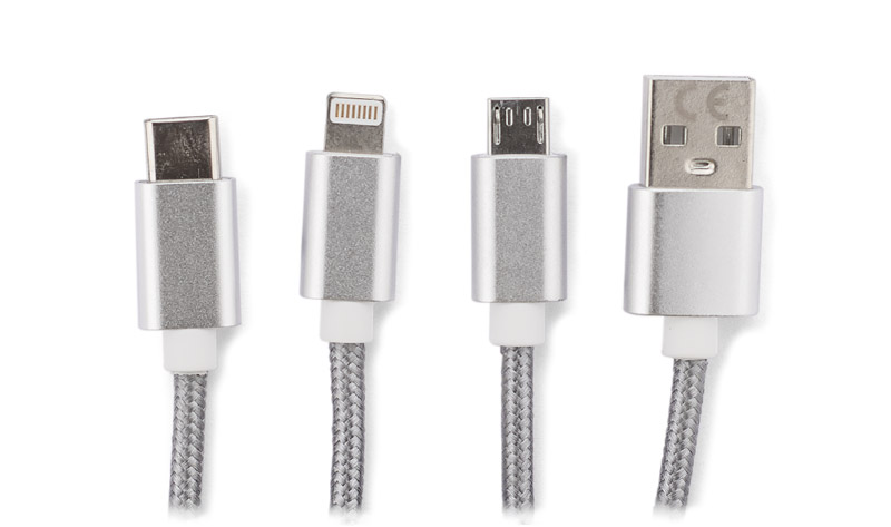 Kabel USB 3 w 1 TAUS Kabel USB 3 w 1 TAUS do ładowania różnych urządzeń posiada trzy końcówki: micro USB, Lightning (iPhone) i USB typu C. Kabel jest powleczony tkaniną, a końcówki USB są wykonane z metalu. Praktyczny gadżet dla każdego użytkownika mobilnych urządzeń.