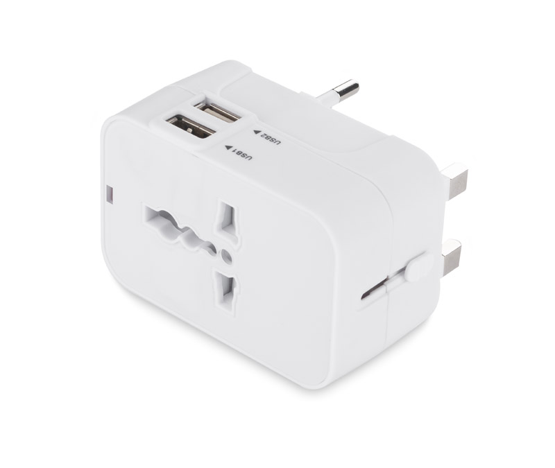 Adapter podróżny WELT Adapter podróżny WELT to gadżet niezbędny w podróży. Jest on jednoczęściowy i posiada dwa porty USB, co jest jego wyróżnikiem. Umożliwia korzystanie z gniazdek elektrycznych w standardzie europejskim, amerykańskim, brytyjskim i australijskim. 