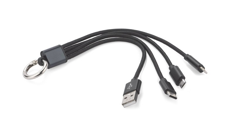 Kabel USB 3 w 1 TAUS Kabel USB 3 w 1 TAUS do ładowania różnych urządzeń posiada trzy końcówki: micro USB, Lightning (iPhone) i USB typu C. Kabel jest powleczony tkaniną, a końcówki USB są wykonane z metalu. Praktyczny gadżet dla każdego użytkownika mobilnych urządzeń.