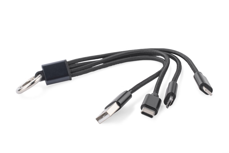 Kabel USB 3 w 1 TAUS Kabel USB 3 w 1 TAUS do ładowania różnych urządzeń posiada trzy końcówki: micro USB, Lightning (iPhone) i USB typu C. Kabel jest powleczony tkaniną, a końcówki USB są wykonane z metalu. Praktyczny gadżet dla każdego użytkownika mobilnych urządzeń.