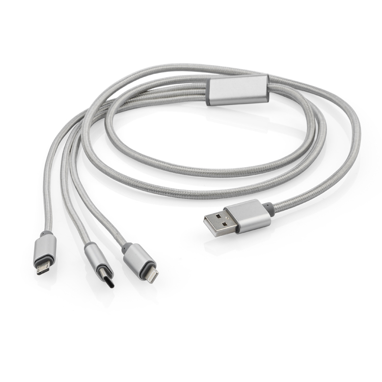 Kabel USB 3 w 1 TALA Kabel 3 w 1 TALA to połączenie nowoczesności z nietuzinkowym designem. Wyposażony w trzy końcówki- USB typu C, micro USB oraz dla iPhoneów 5 i nowszych, szybko naładuje urządzenie. 
Kabel typu USB 2.0, 5V/2.5A. Tylko do ładowania.