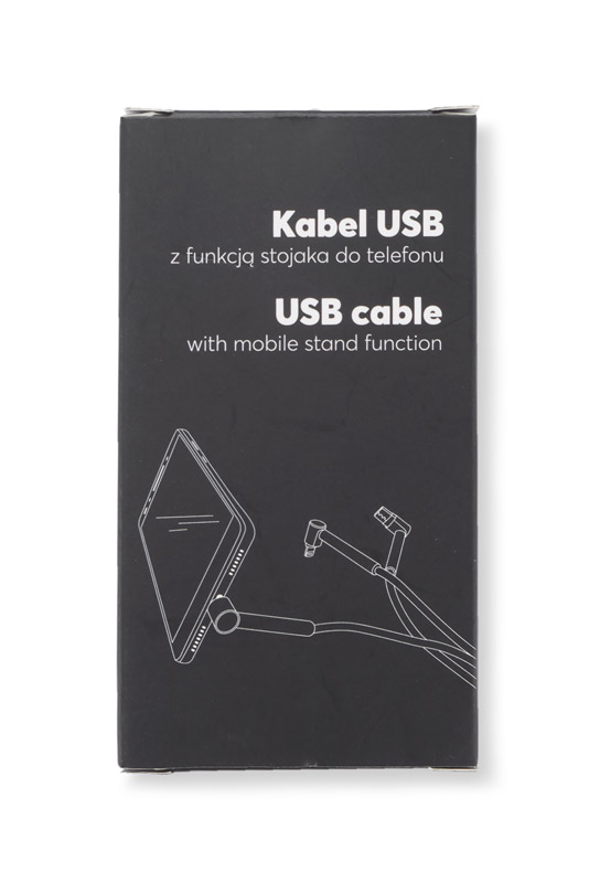 Kabel USB 6 w 1 RICO Kabel USB do ładowania RICO to aż sześć funkcji w jednym produkcie. Posiada dwa wejścia: USB-A i USB-C i trzy wyjścia: micro USB, USB-C i Lightning (iPhone). Dodatkowo, trzy końcówki posiadają specjalne wzmocnienia z tworzywa, które umożliwiają zastosowanie kabla jako stojaka na telefon! Sam przewód powleczony jest wytrzymałym materiałem i ma długość ok. 1,20 m. Tylko do ładowania.