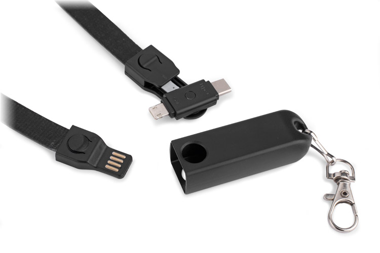 Smycz kabel USB 3 w 1 CONVEE CONVEE to bardzo praktyczna smycz, która jest jednocześnie kablem USB do ładowania różnych urządzeń. Posiada on końcówki microUSB, USB typu C i Lightning. Maksymalne obciążenie to ok. 300 g. Tylko do ładowania.