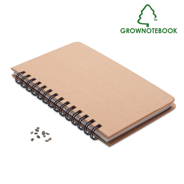 Sosnowy notes Zeszyt GROWNOTEBOOK™ z drzewa sosnowego. Zeszyt A5 z papieru z certyfikatem. Twarda okładka. 144 strony w linie (72 kartki). Podwójna spirala. Zawiera nasiona sosny czarnej (pinius nigra). Wyprodukowano w UE.