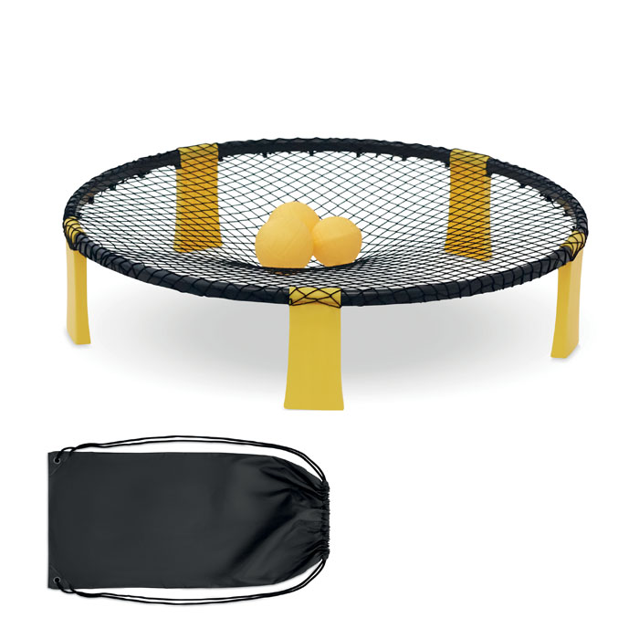 Roundnet/spikeball Outdoorowa gra roundnet w torbie transportowej. W zestawie 1 siatka, 5 części obręczy do samodzielnego montażu, 5 nożek, 3 piłki i 1 pompka.