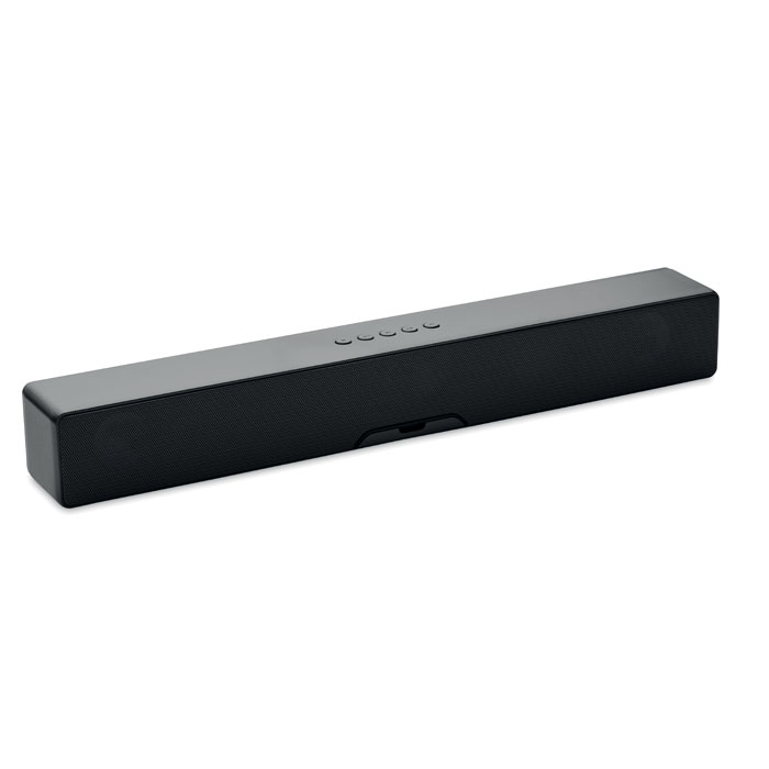 Bezprzew. głośnik soundbar 5.0 Bezprzewodowy głośnik soundbar 5.0 z tworzywa ABS z funkcją zmiany nastroju i podstawką pod telefon. W zestawie akumulator Li-ION o pojemności 2000 mAh. Dane wyjściowe:5W. Czas odtwarzania ok. 4 godz.