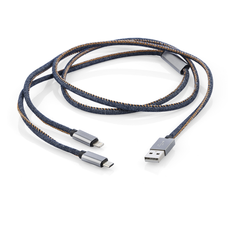 Kabel USB 2 w 1 JEANS Stylowy i funkcjonalny. Taki właśnie jest Kabel USB 2 w 1  JEANS. Posiada dwie końcówki. MicroUSB, która pozwala na naładowanie telefonu i przesył danych oraz końcówkę dla iPhone’a 5 i nowszych, pozwalającą na naładowanie urządzenia.