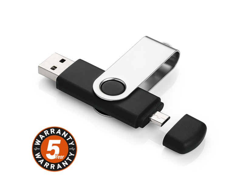 U-disc TWISTER 8 GB 
U-Disc o pojemności 8 GB z dodatkową wtyczką micro USB. Po podłączeniu pamięci do kompatybilnego urządzenia (telefonu lub tabletu z funkcją OTG oraz gniazdem micro USB) możliwy jest transfer dowolnych plików z telefonu na U-Disc i vice versa. Obie wtyczki (USB i micro USB) pracują w standardzie Plug and Play, w technologii USB 2.0. Logo wygrawerujemy na metalowej powierzchni. Standard usb: 2.0. Szybkość zapisu: 7 MB/s; szybkość odczytu: 15 MB/s. Pamięć USB objęta jest 5 letnią gwarancją producenta.
Sugerowane opakowanie: 44502, 44508.
