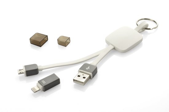 Kabel USB 2 w 1 MOBEE Kabel USB MOBEE łączy w sobie funkcjonalność, atrakcyjny wygląd oraz dedykowane miejsce do wykonania logo. Posiada wtyczkę USB oraz końcówkę micro USB z adapterem do wtyczki typu lightning (iPhone 5 i nowsze). Wtyczki zabezpieczone nasadkami z tworzywa. Kabel może służyć jako dodatek np. do power banka lub stanowić osobny gadżet reklamowy. Przesyła dane.