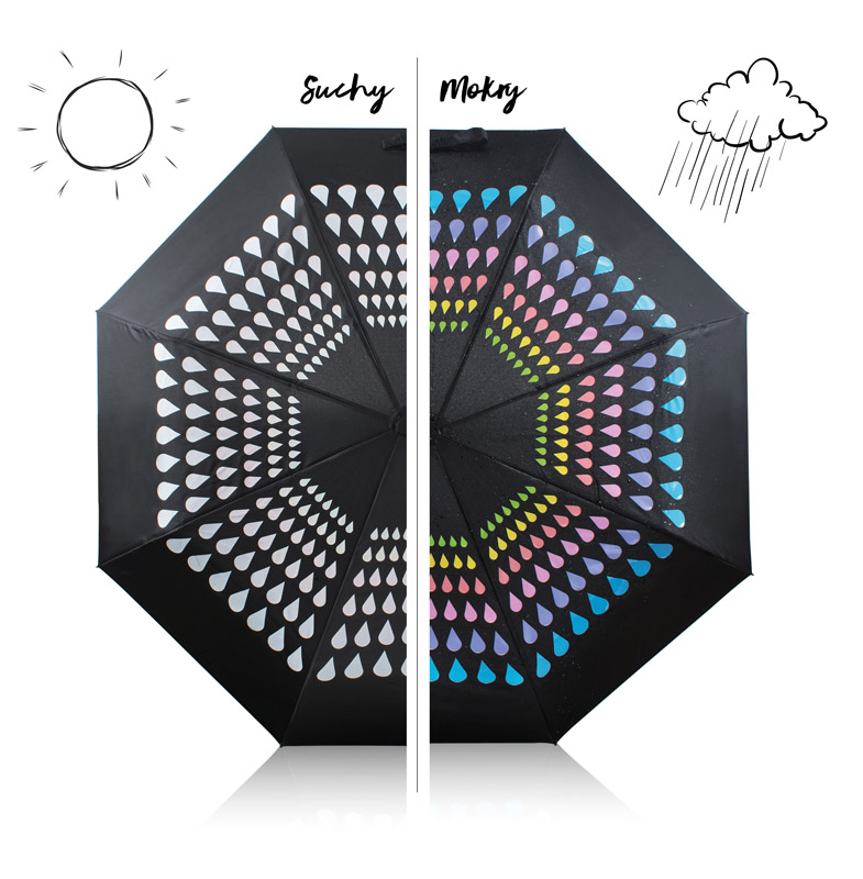 Parasol zmieniający kolor CROPLA Składany parasol manualny CROPLA to bardzo efektowny gadżet. Posiada zaprojektowany przez grafików Blue Collection nadruk zmieniający kolor pod wpływem wody. Parasol ma metalowy stelaż i jest wykonany z poliestru pongee 190T.