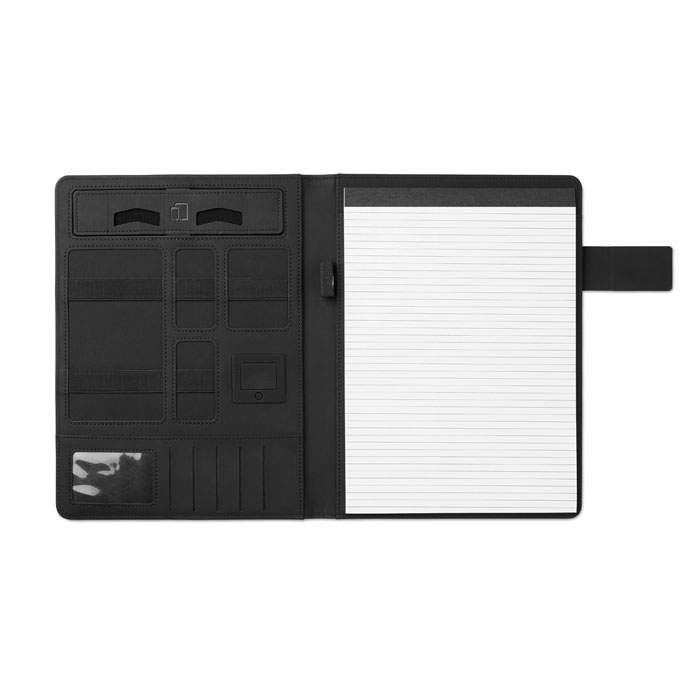 Teczka A4 z powerbankiem Teczka konferencyjna A4 z okładką z płótna PU. Powerbank o pojemności 4000 mAh. Wbudowane złącze micro USB do złącza typu C. Notatnik z 20 kartkami w linie. Wiele wewnętrznych przegródek. Zamknięcie magnetyczne. Elastyczny uchwyt na długopis.