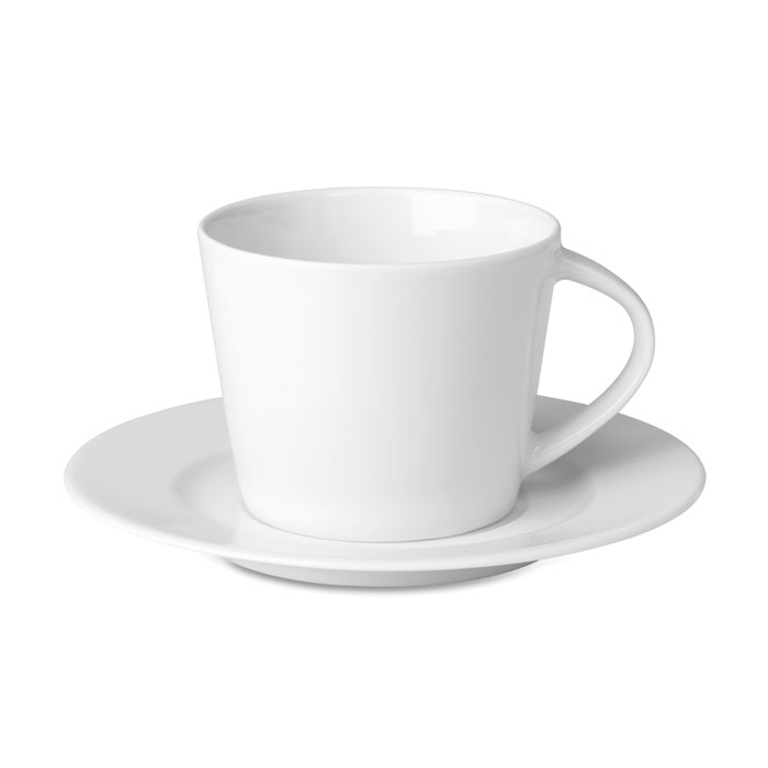 Kubek cappuccino i talerzykiem Porcelanowa filiżanka capuccino ze spodkiem. Poj. 160 ml. Opakowanie zbiorcze. Tampodruk nie jest odporny na działanie zmywarki. Transfer na ceramice: odporny na działanie zmywarki.